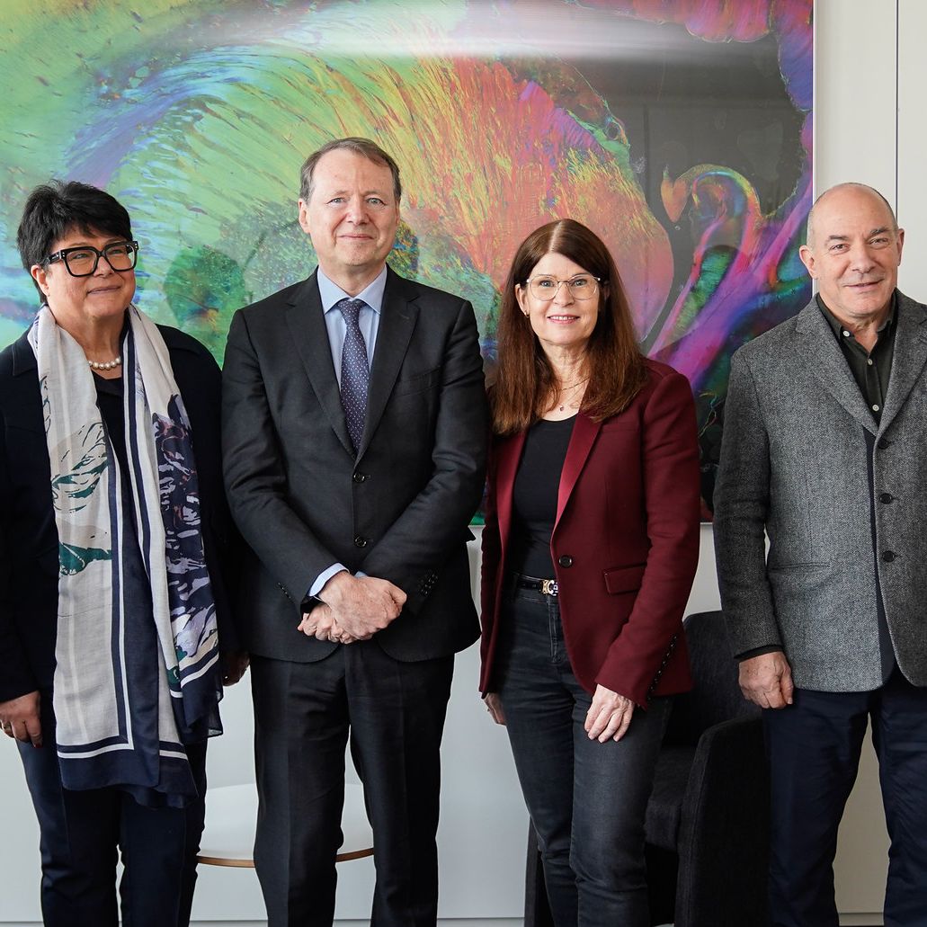 Group photo from the HBP-EBRAINS Exhibition featuring Jan Bjaalie, Sabine Verheyen, Roberto Viola, joint-CEOs of EBRAINS Katrin Amunts and Phillippe Vernier as well as chairman of the board André Syrota