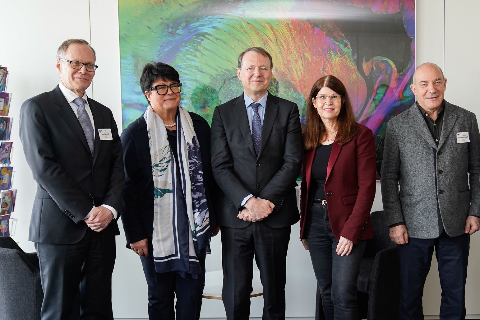 Group photo from the HBP-EBRAINS Exhibition featuring Jan Bjaalie, Sabine Verheyen, Roberto Viola, joint-CEOs of EBRAINS Katrin Amunts and Phillippe Vernier as well as chairman of the board André Syrota